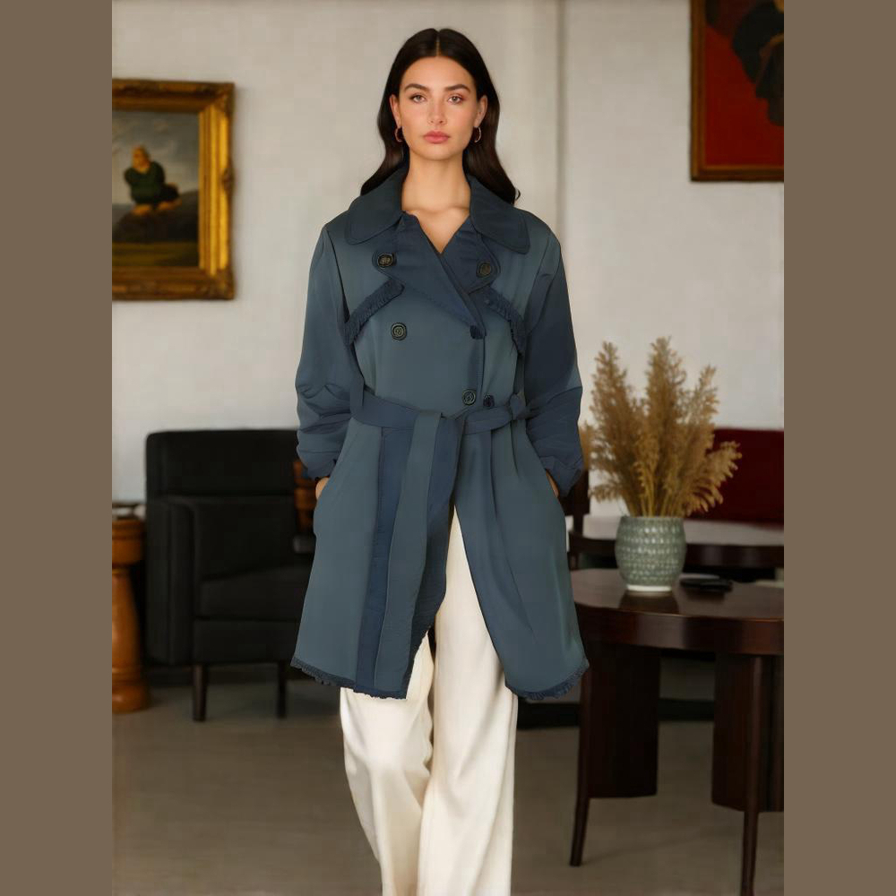 Beverly Hills Polo Club Womens‎ Black Trench Coat Lg Belted Waist Ruffled Design